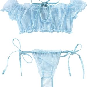 Sexy Stretch Ruffle Tie Sheer Mesh Lingerie Set Outfits