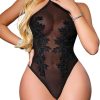 Women  Sexy Mesh Bodysuit Halter  Crotch Body Suits Sheer Emboroidered One Piece Babydoll