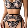 Sexy Floral Embroidery Mesh Sheer  Push Up Garter Belt Lingerie Set 3 Piece