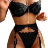 Sexy Choker Floral Lace  Push Up Garter Belt Lingerie Set for Women Sheer Bra and Panty 3 Piece